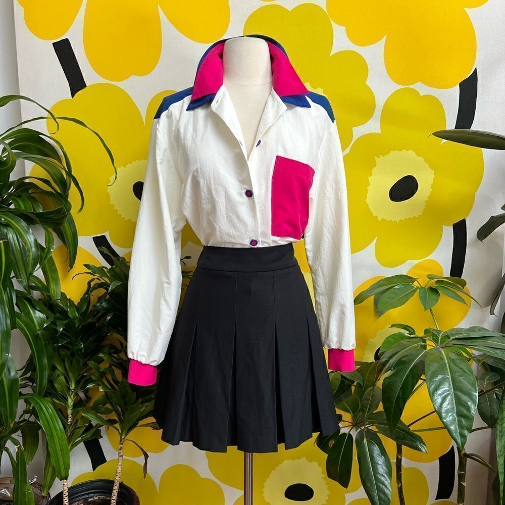 Rad Vintage 1990s Vivid Colorblock Double Collar Button Down Blouse - Picture 2 of 12